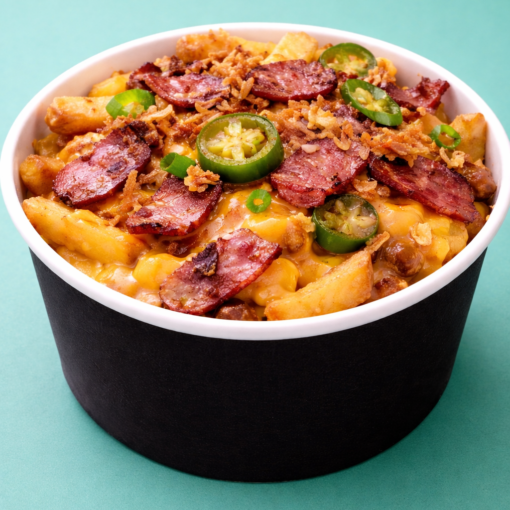 Bowl Canada - POUTINE ( Loaded fries with bacon,cheddar, gravy sauce, jalapenos, Crispy Onions)